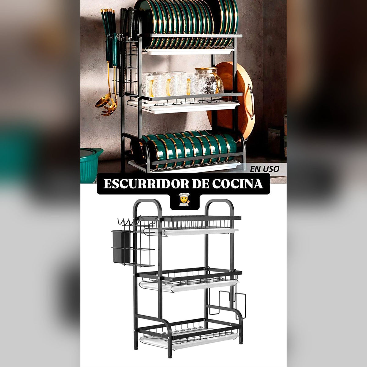 Escurridor de Platos de 3 Niveles en Acero Negro