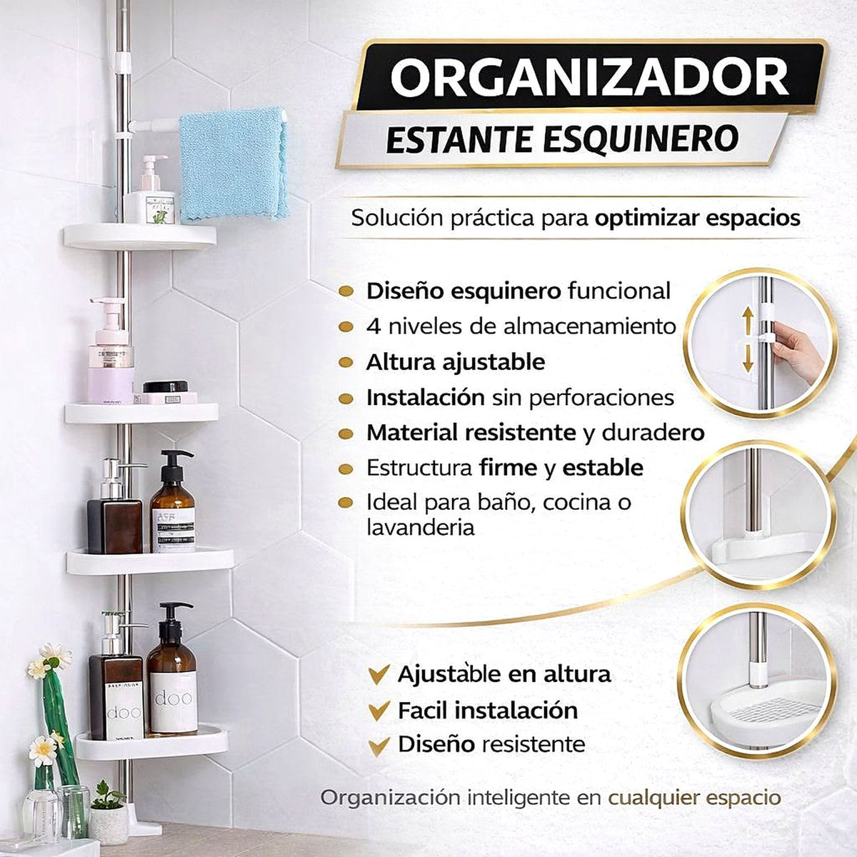 Esquinero Organizador de Ducha Ajustable de 4 Niveles