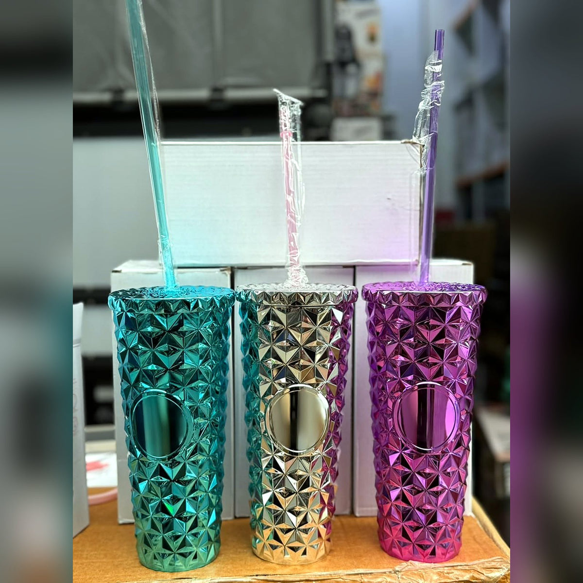 Vaso Térmico Diamante Metalizado con Pitillo